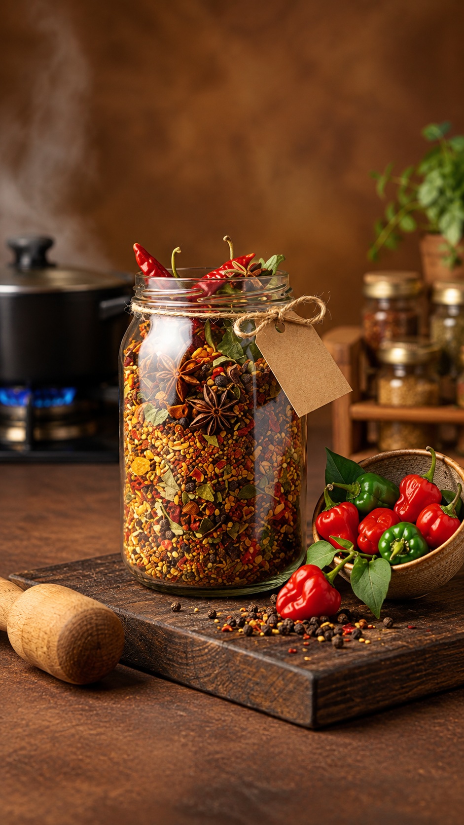 A jar of whole spices and dried chillies beside a bowl of fresh peppers